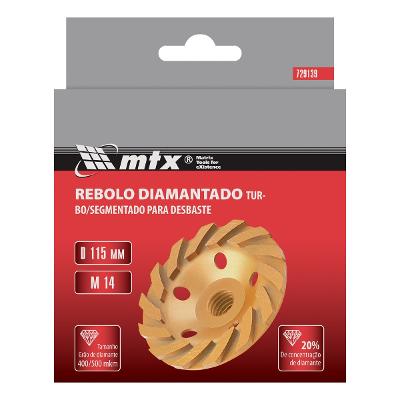 Rebolo Turbo Segmentado Diamantado M14 115mm MTX Desbaste Acabamento Concreto Granito Mármore