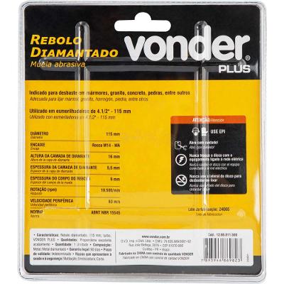 Rebolo Diamantado 115Mm Turbo Vonder 10500Rpm M14 16Mm 5.5Mm 9Mm