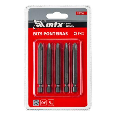 Bits Philips Ph3 1/4 Pol. 75mm 6mm Aço CrV 54 HRC 5un MTX