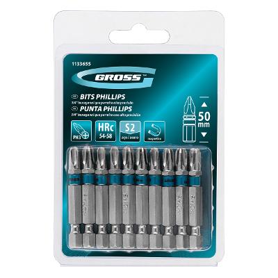 Bits Phillips Ph3 Aço Rápido 50mm 10 Peças - Dureza 54-58 HRC, Haste 1/4', Magnético