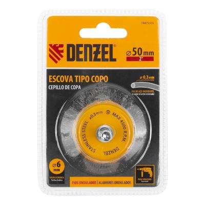 Escova Tipo Copo 50mm Com Haste 1/4'' (6mm) Cerdas 0,3mm Aço Inoxidável Denzel