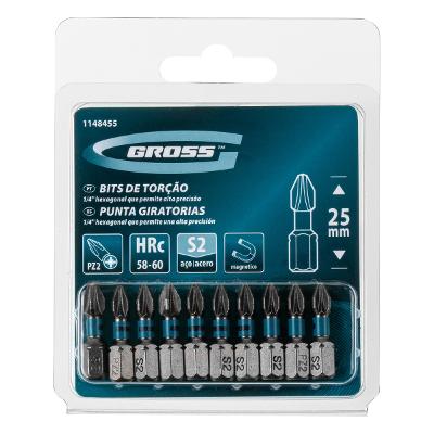 Bits PZ2 Torção Impacto 25mm 10 Unidades 58-60HRC Gross