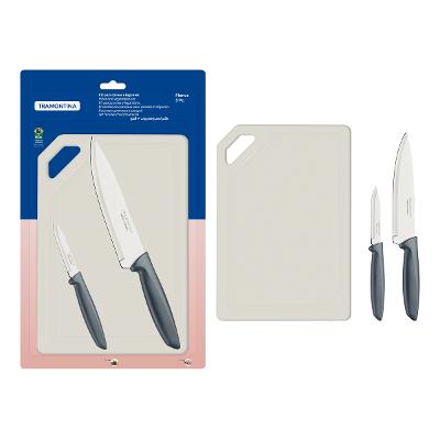 Kit Facas Tramontina Plenus 3 Peças Com Tábua Inox Cinza