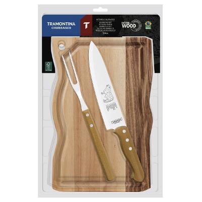 Kit Churrasco Tramontina 3 Peças Inox E Madeira Natural