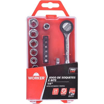 Jogo De Soquetes E Bits 1/4'' 25 Peças Cromo Vanádio Worker
