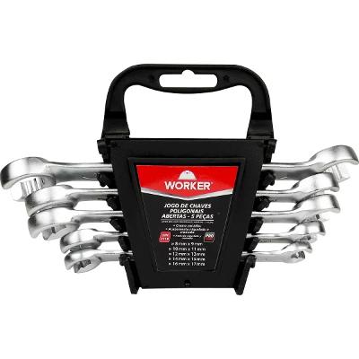 Jogo Chave Poligonal Aberta 8 A 17mm 5 Pecas Worker Cr-V