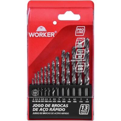 Jogo De Brocas Aço Rápido HSS 13 Peças 2mm A 8mm Worker