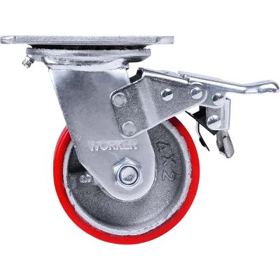 Rodízio Ferro Poliuretano 4'' c/ Freio 300Kg Worker Vermelho
