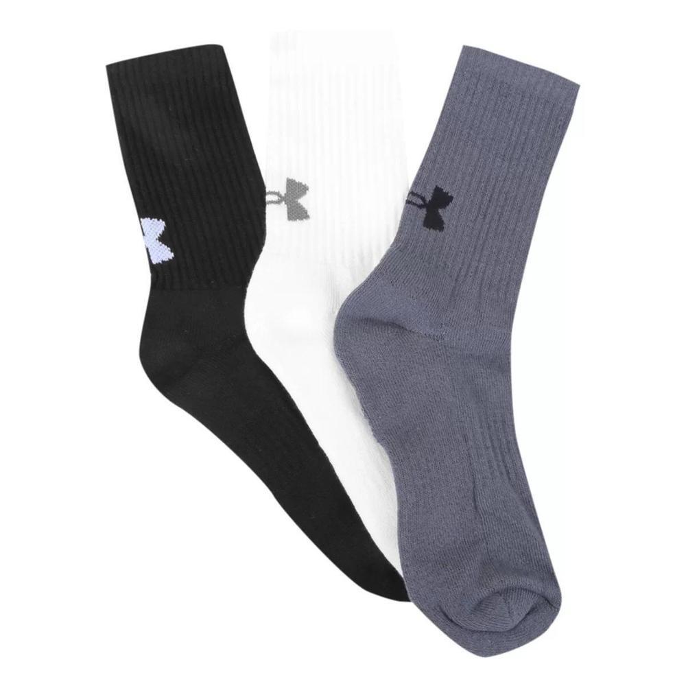 Kit Meia Under Armour Cano Longo Core Cotton Crew 3 Pares - Chumbo e Branco - 5