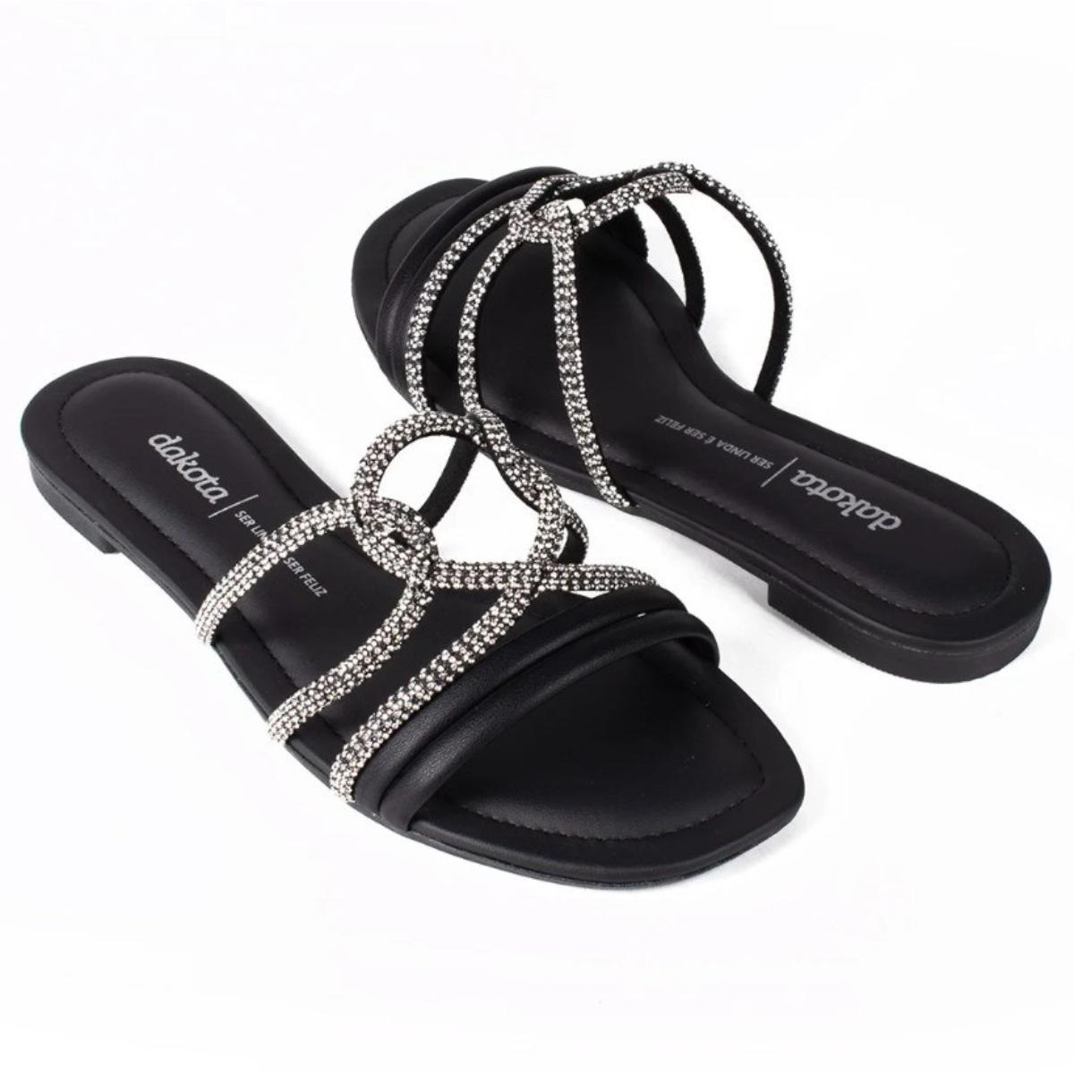 Rasteira Dakota Rives Tiras Cruzadas Brilho Feminina - Preto - 4