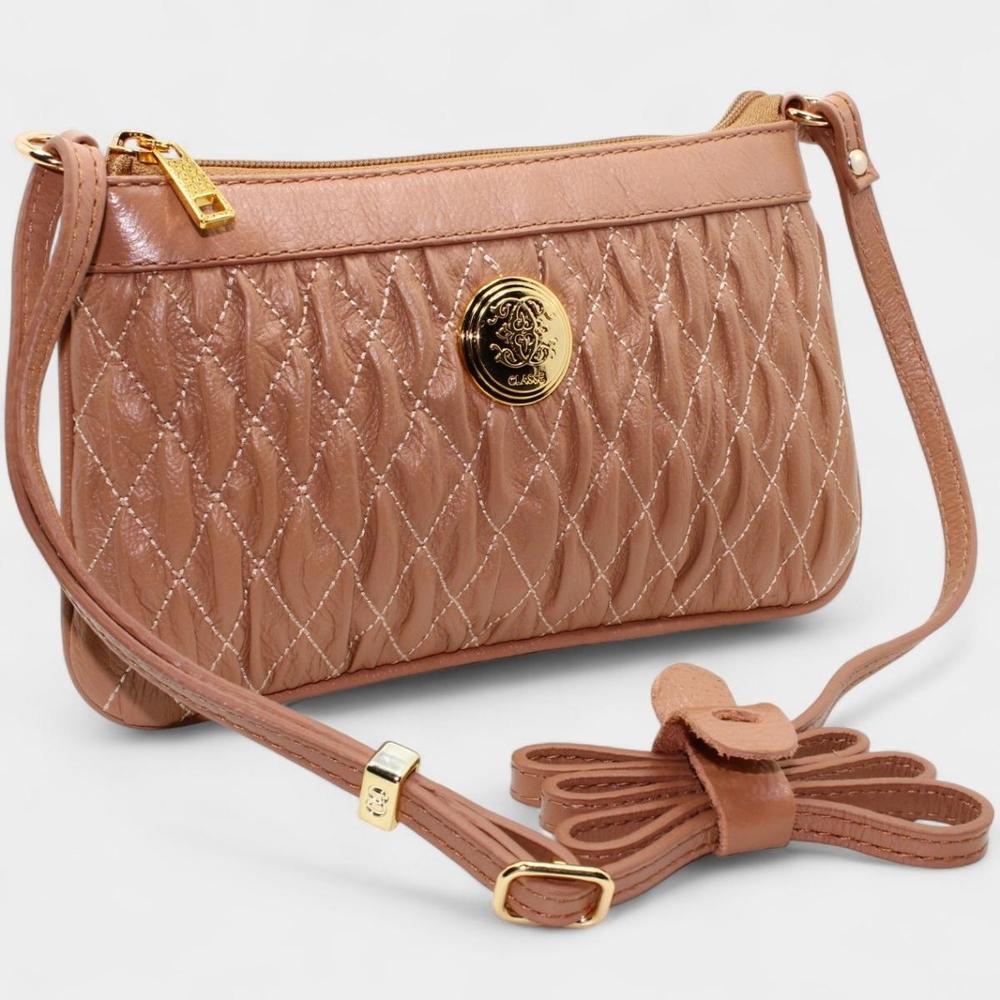 Bolsa Crossbody Classe Couro Legítimo Casual Kelly Feminina - Bege - 1