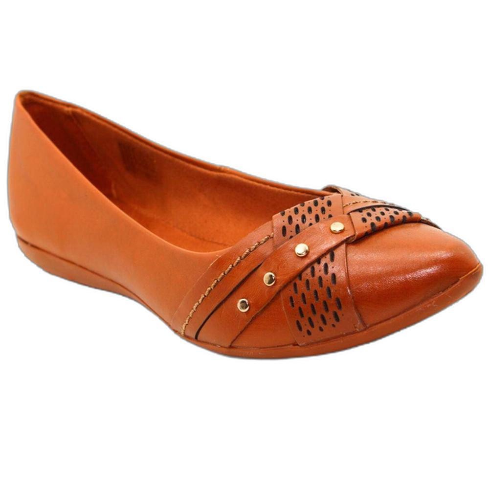 Sapatilha Couro Bottero Bico Fino Microperfuros Apliques Feminina - Caramelo - 1