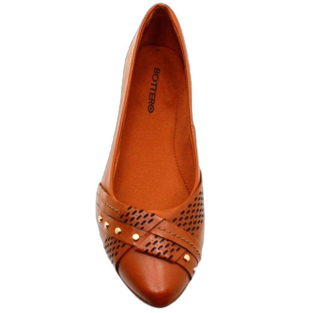 Sapatilha Couro Bottero Bico Fino Microperfuros Apliques Feminina - Caramelo - 3