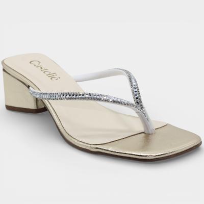 Tamanco Casteliê Prime Strass Salto Bloco Feminino - Dourado