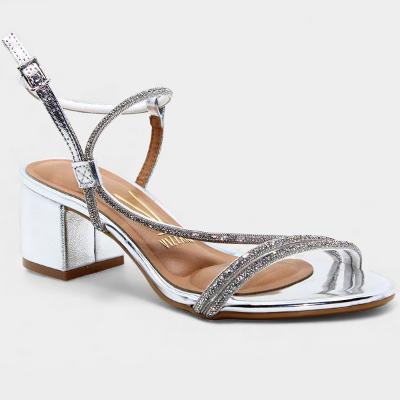 Sandália Vizzano Tiras Strass Salto Bloco Feminina - Prata