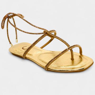 Rasteira Casteliê Strass Metalizada Amarração Feminina - Dourado