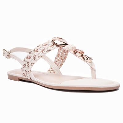 Rasteira Dakota Tira Trançada Pedrarias Feminina - Bege