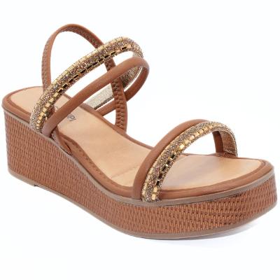 Sandália Anabela Mississipi Strass Feminino - Caramelo
