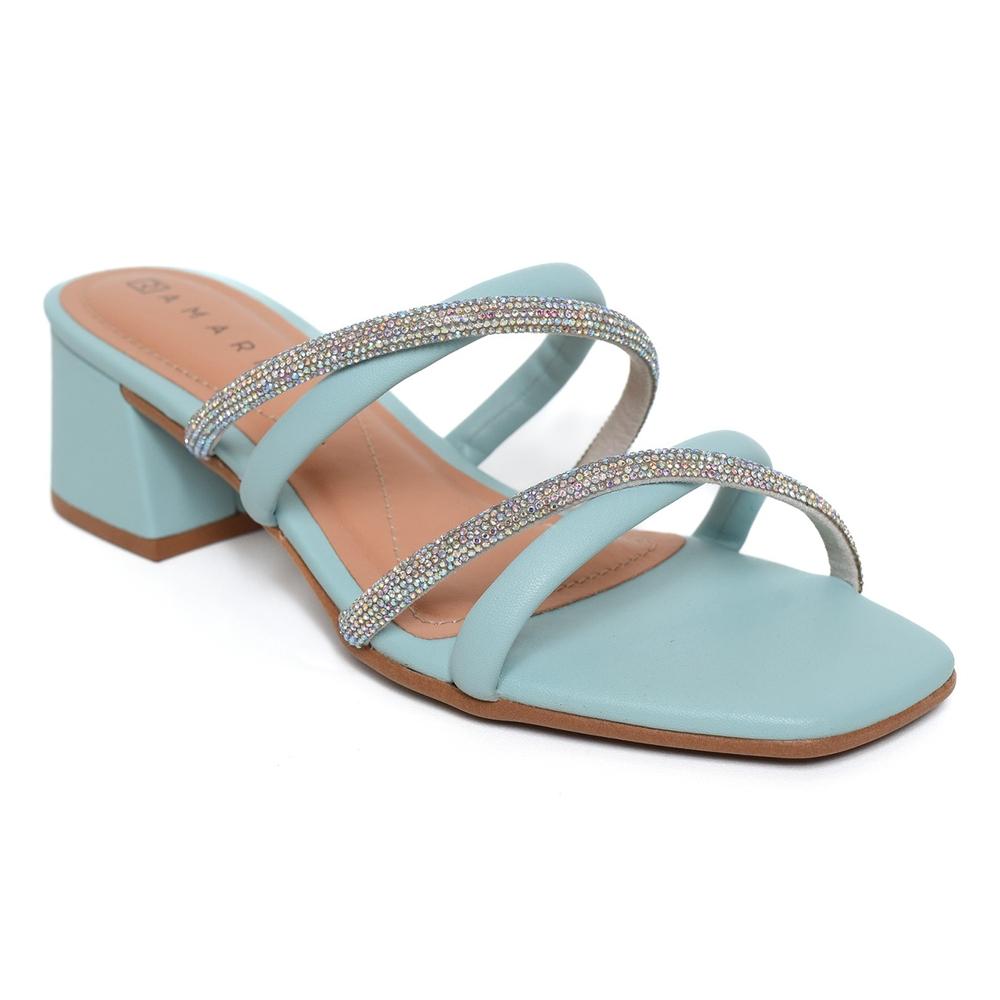 Tamanco Ramarim Tiras Strass Salto Bloco - Azul Claro - 1
