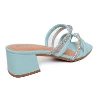 Tamanco Ramarim Tiras Strass Salto Bloco - Azul Claro