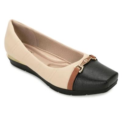 Sapato Piccadilly Salto Baixo Feminino - Bege e Preto