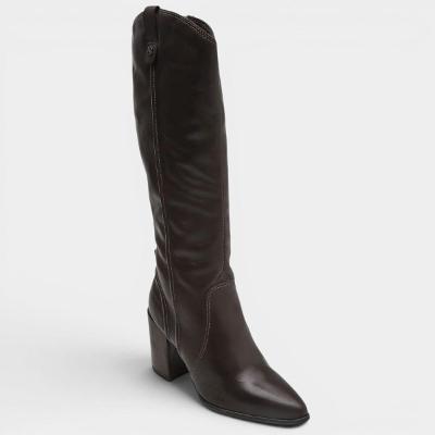 Bota Couro Bottero Salto Bloco Cano Alto Feminina - Marrom Escuro