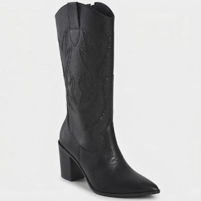 Bota Via Marte Couro Texana Cano Alto Feminina - Preto