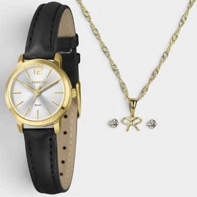 Kit Relógio Lince Analógico Folheado 18K + Colar e Brinco Feminino - Preto e Dourado