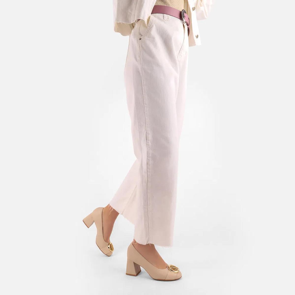 Scarpin Couro Usaflex Salto Bloco Fivela Monograma - Bege - 1