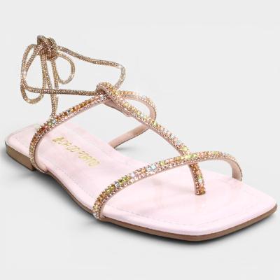 Rasteira Cia do Porto Amarração Tiras Strass Feminina - Rosa Claro