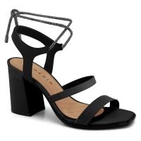 Sandália Ramarim Tiras Strass de Amarrar Salto Bloco - Preto - 1