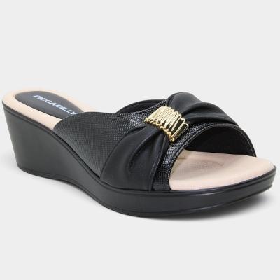 Tamanco Anabela Piccadilly Detalhe Conforto Napa - Preto e Bege