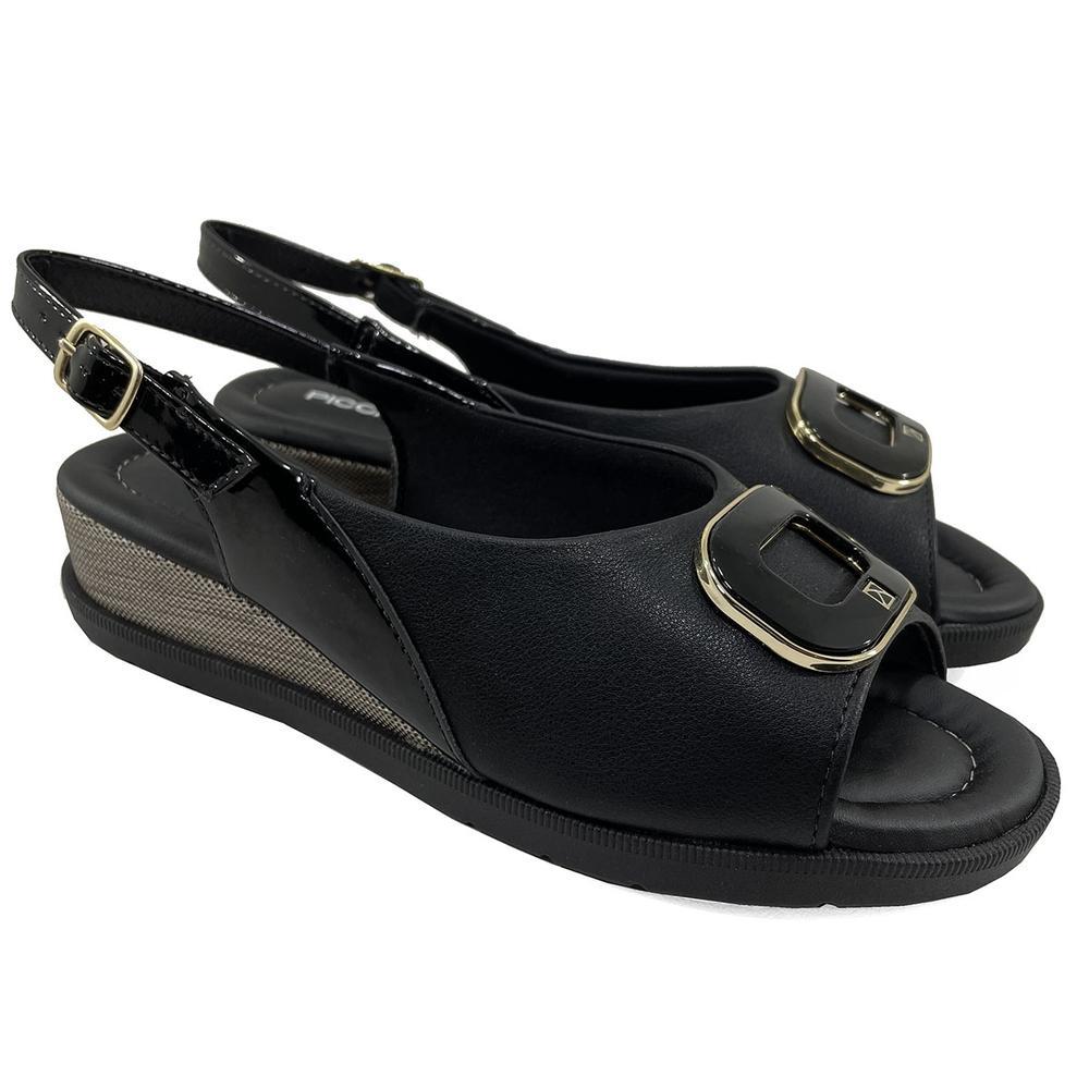 Sandália Anabela Baixa Piccadilly Metal Logo - Preto - 1