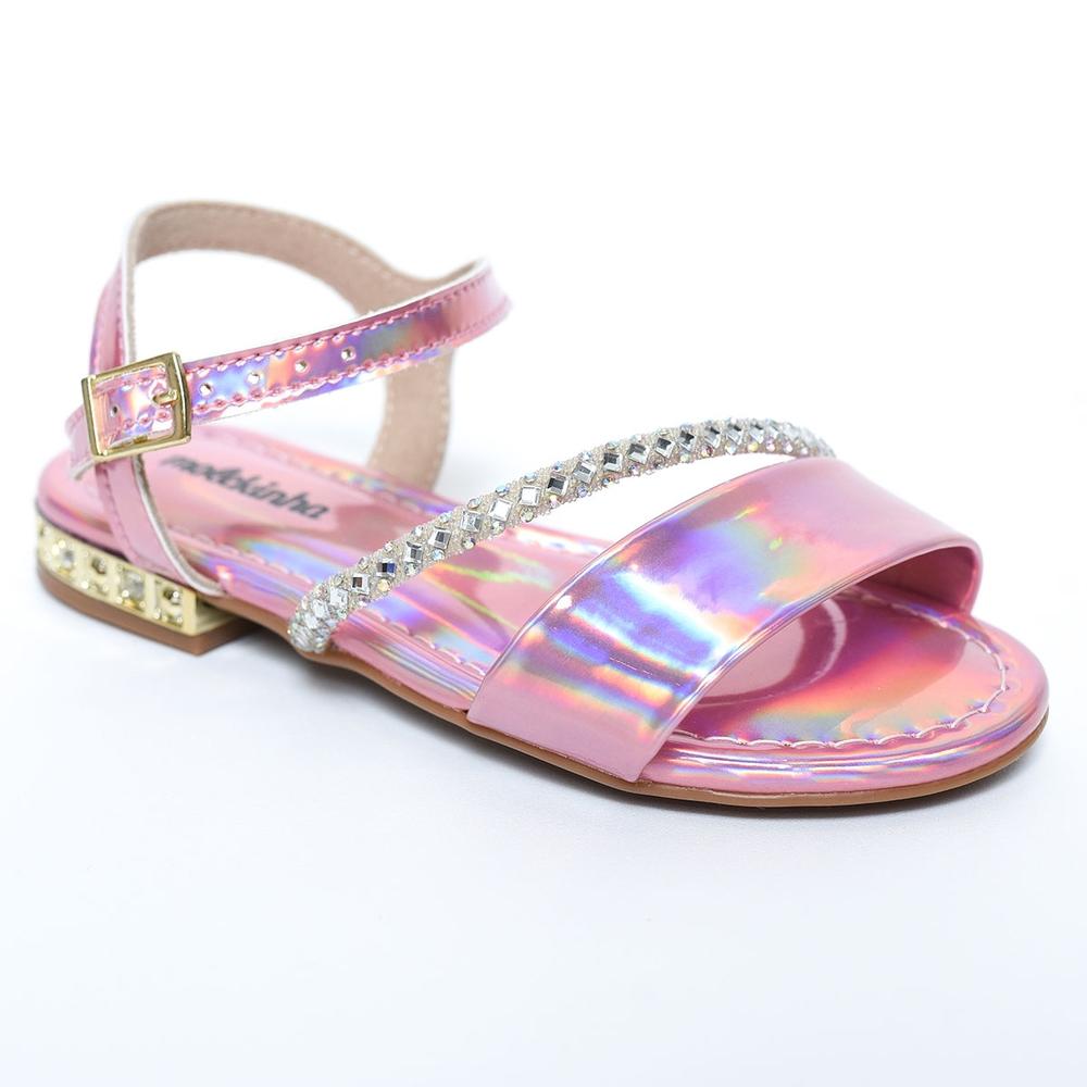 Sandália Infantil Molekinha Holográfica Tira Strass - Rosa - 1