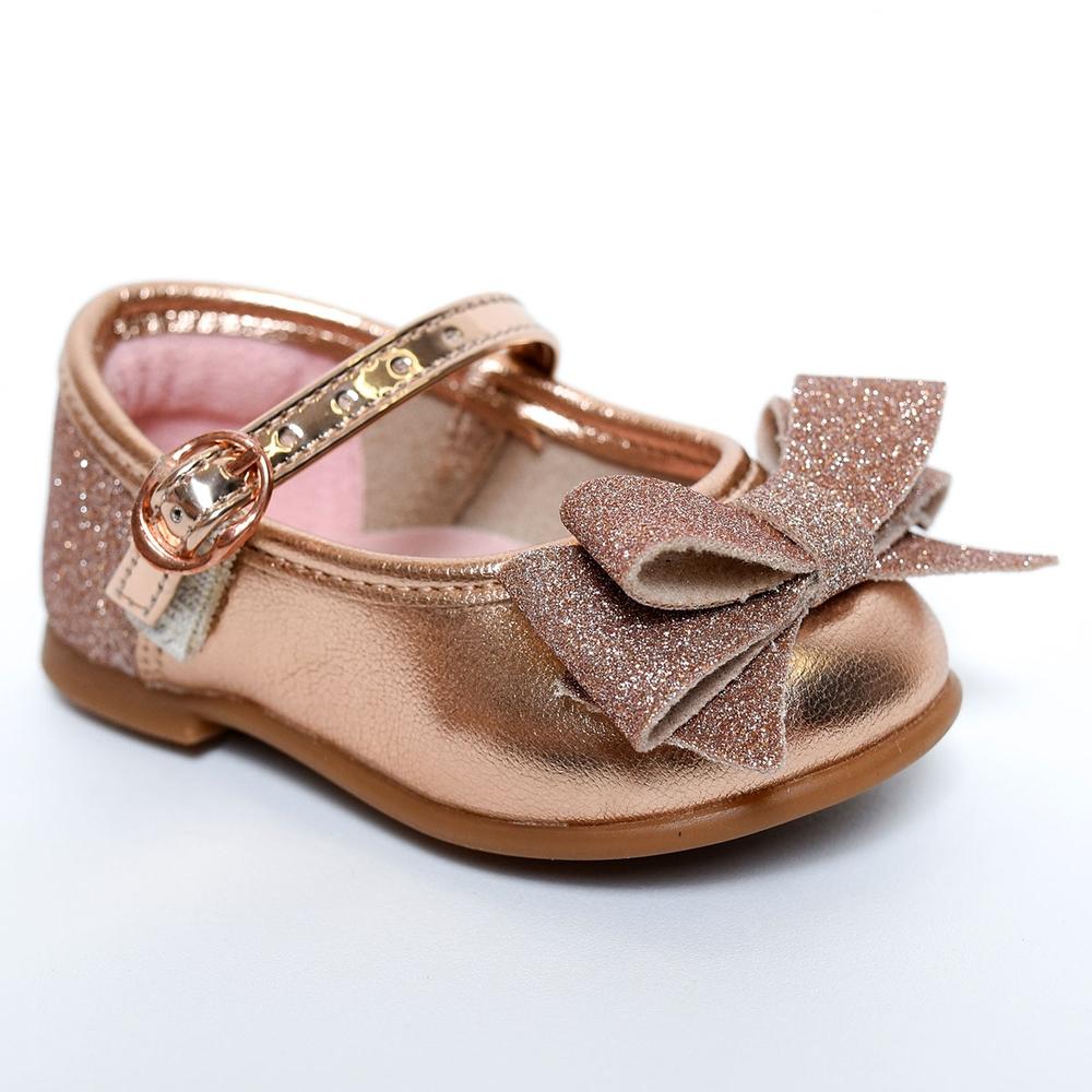 Sapatilha Molekinha Metalizada Laço Gliter Baby - Ouro Rosado - 1