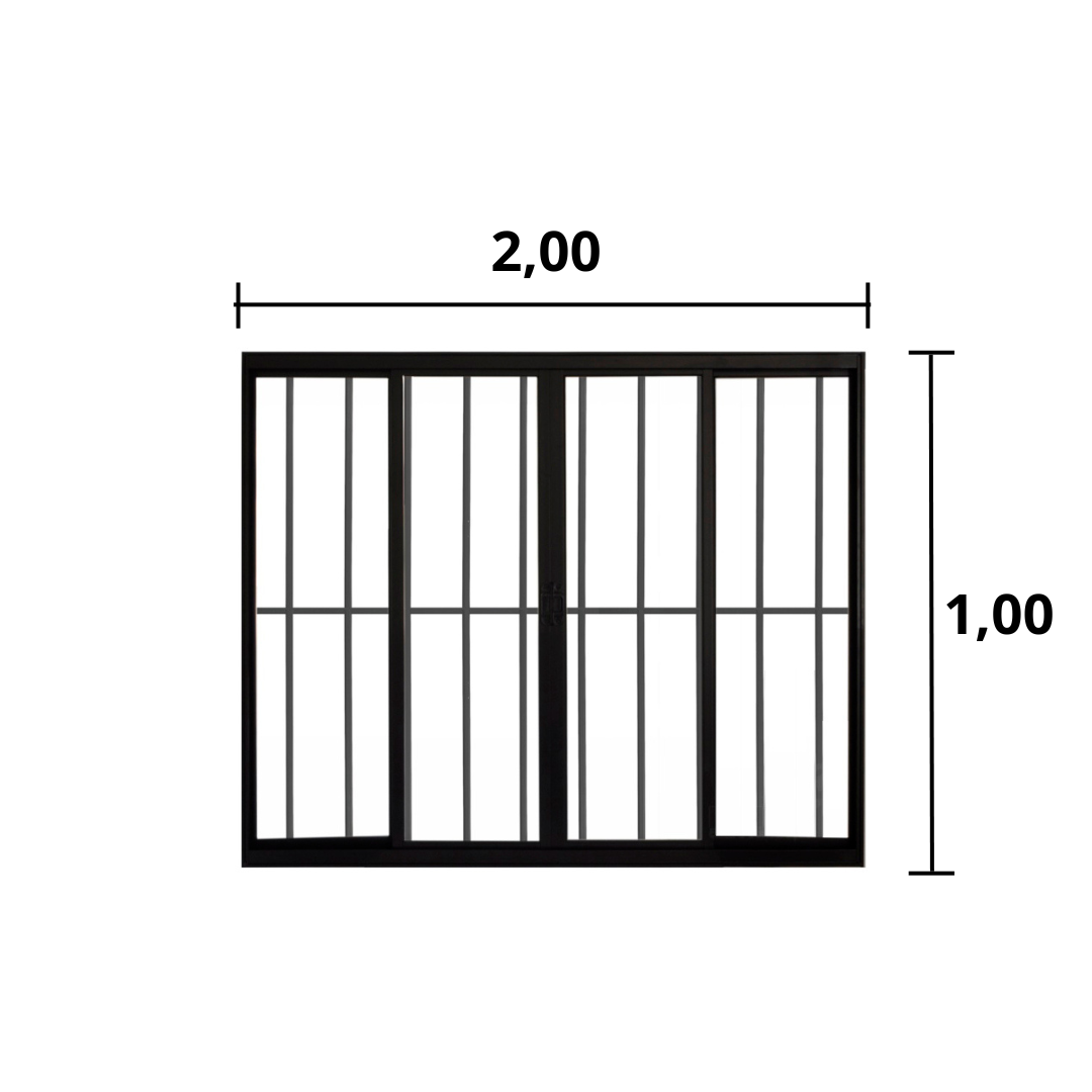 Janela 4 Folhas de Correr C/ Grade 1.00 X 2.00 Alumínio Preto Linha Modular - Hale - 2
