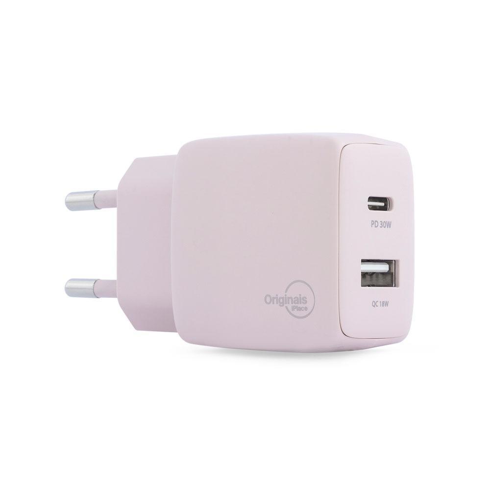 Carregador USB-C/USB, 30W, 2 Portas, Originais iPlace, Rosa - 1