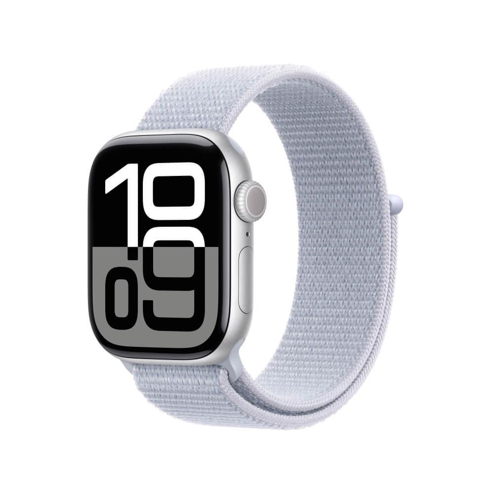 Apple Watch Series 10 GPS + Cellular • Caixa prateada de alumínio – 42 mm • Pulseira loop esportiva nuvem azul - 1
