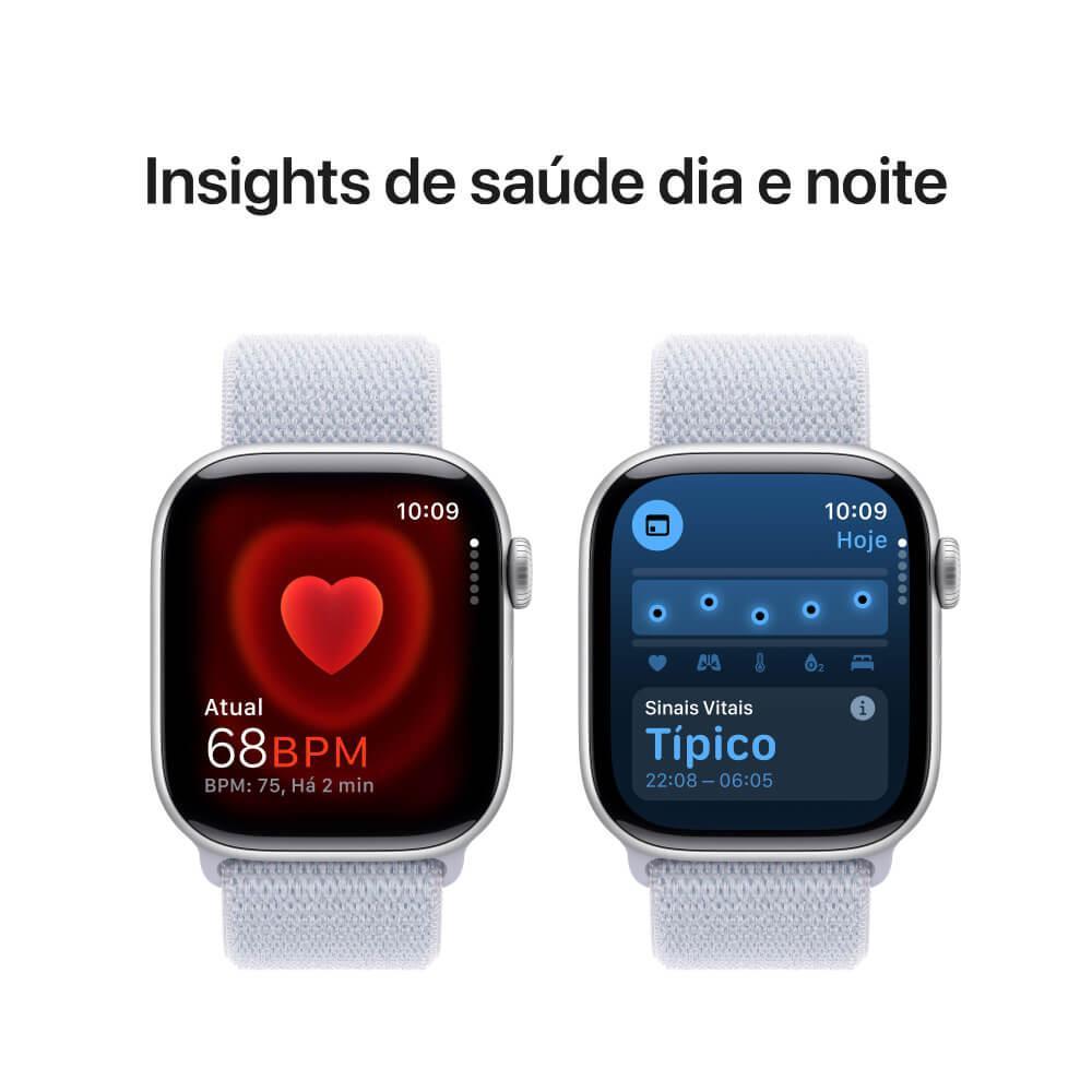 Apple Watch Series 10 GPS + Cellular • Caixa prateada de alumínio – 42 mm • Pulseira loop esportiva nuvem azul - 5