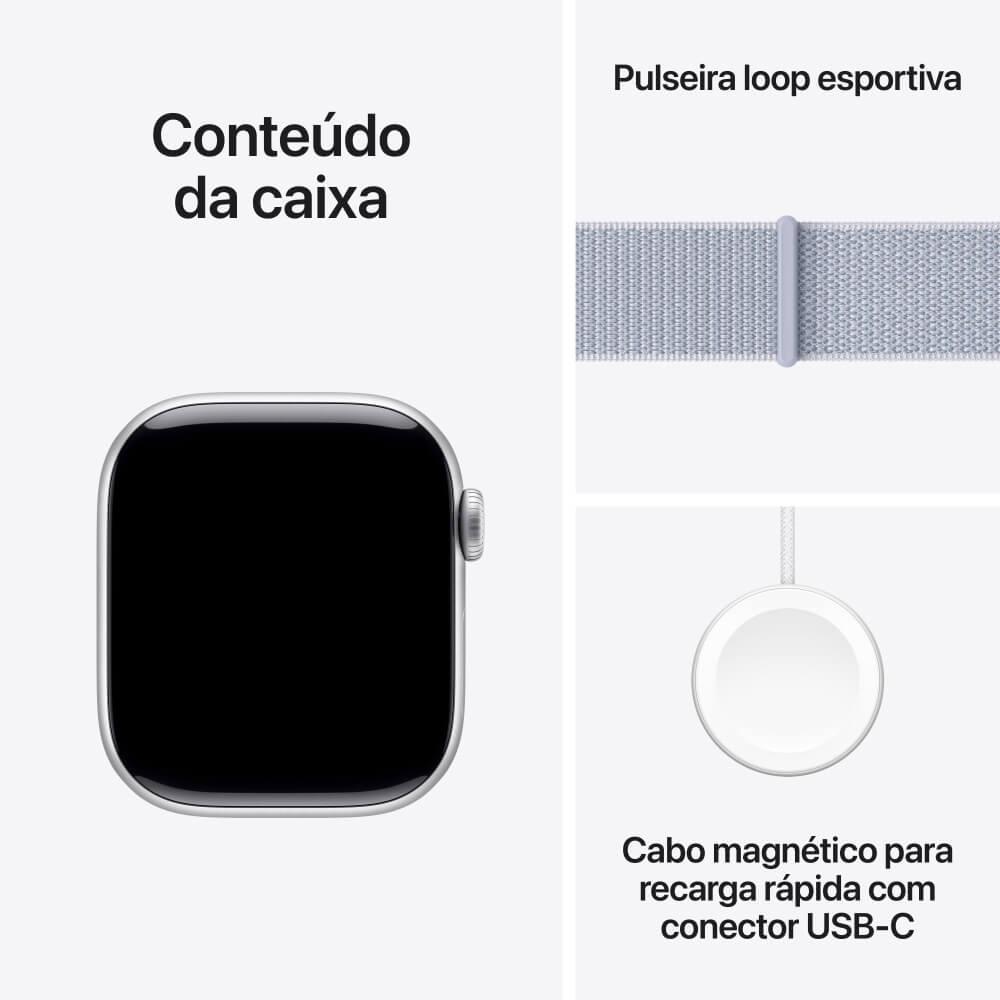 Apple Watch Series 10 GPS + Cellular • Caixa prateada de alumínio – 42 mm • Pulseira loop esportiva nuvem azul - 9