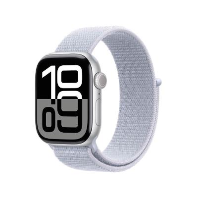 Apple Watch Series 10 GPS + Cellular • Caixa prateada de alumínio – 42 mm • Pulseira loop esportiva nuvem azul