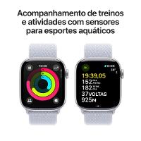 Apple Watch Series 10 GPS + Cellular • Caixa prateada de alumínio – 42 mm • Pulseira loop esportiva nuvem azul