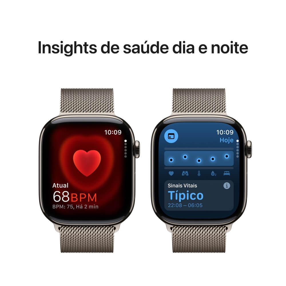 Apple Watch Series 10 GPS + Cellular • Caixa natural de titânio – 46 mm • Pulseira natural estilo milanês - 5