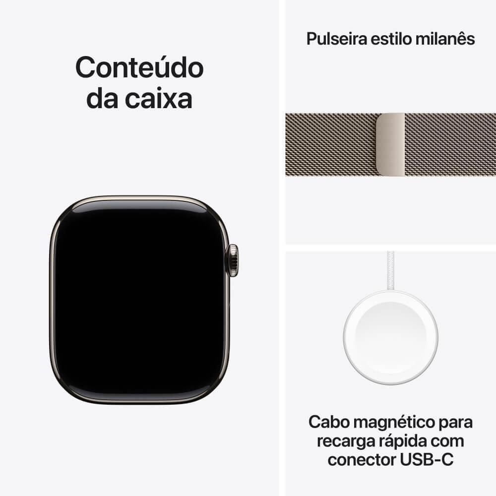 Apple Watch Series 10 GPS + Cellular • Caixa natural de titânio – 46 mm • Pulseira natural estilo milanês - 9