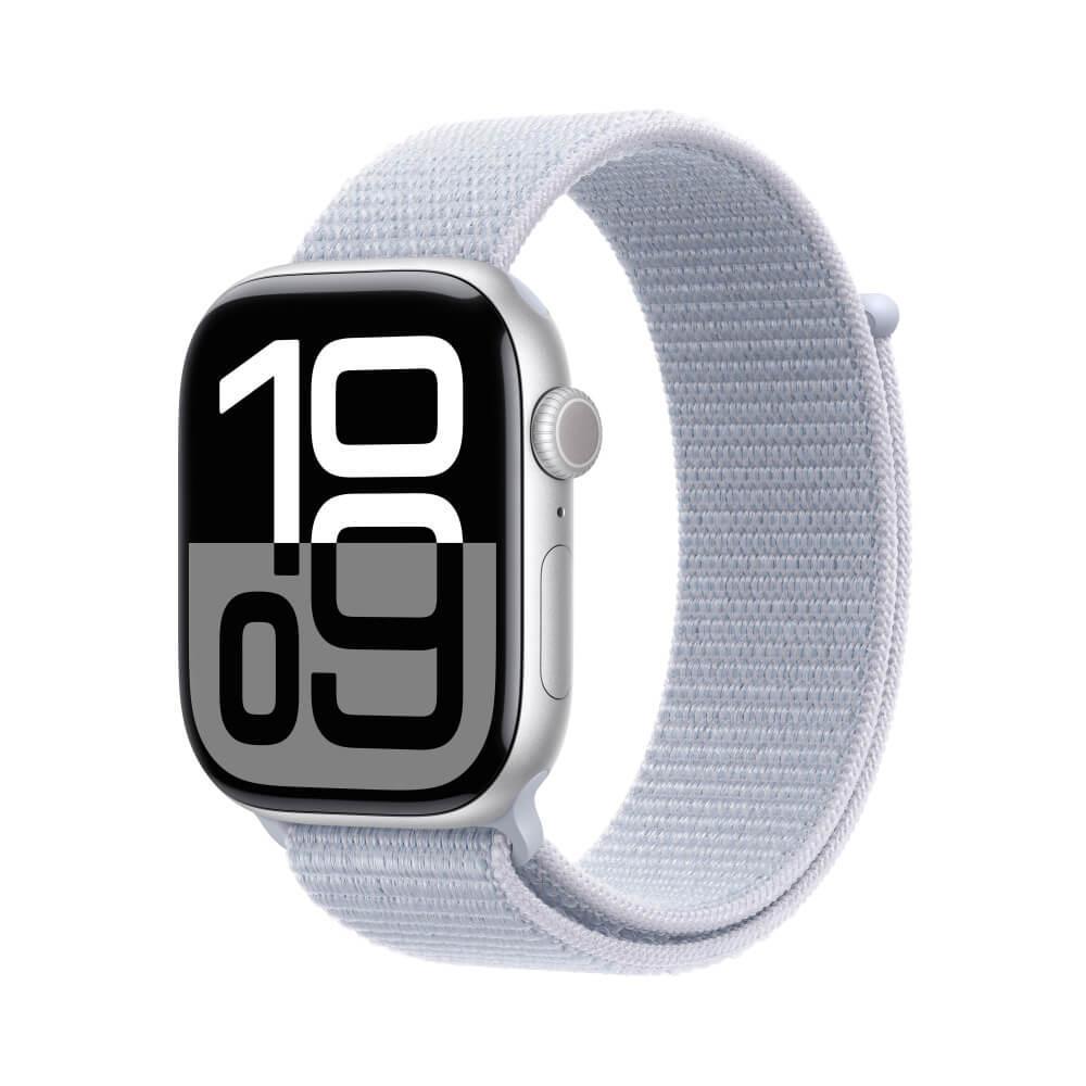 Apple Watch Series 10 GPS + Cellular • Caixa prateada de alumínio – 46 mm • Pulseira loop esportiva nuvem azul - 1