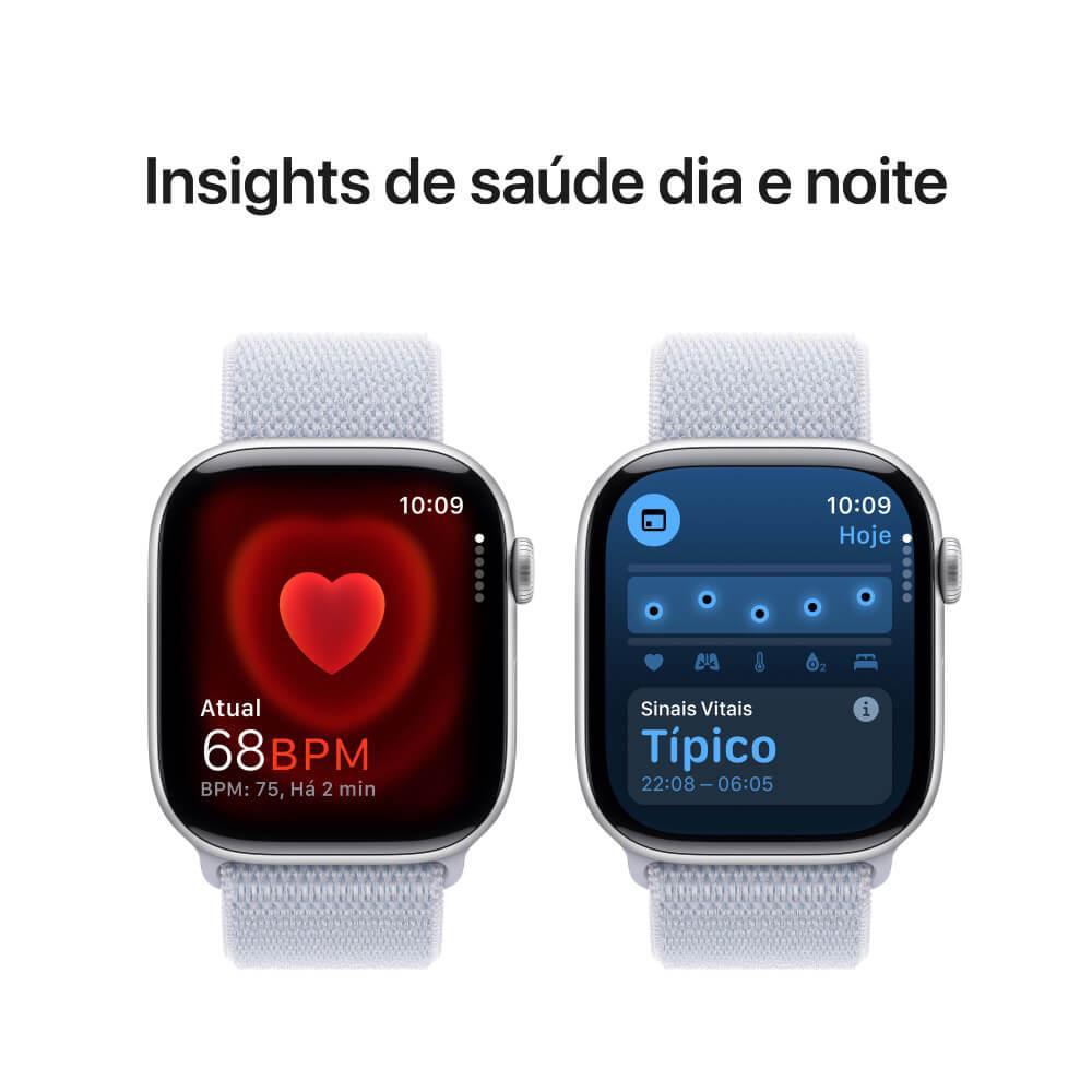 Apple Watch Series 10 GPS + Cellular • Caixa prateada de alumínio – 46 mm • Pulseira loop esportiva nuvem azul - 5