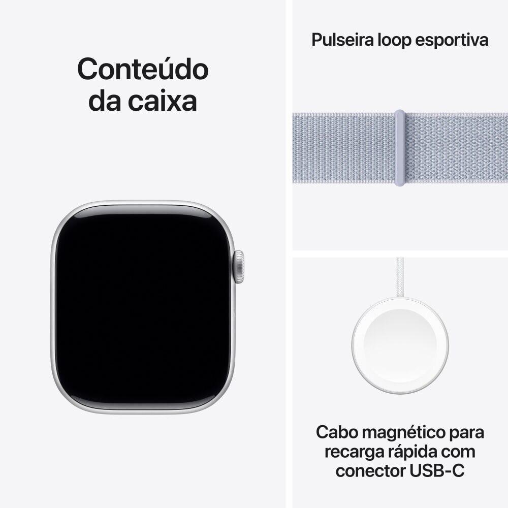 Apple Watch Series 10 GPS + Cellular • Caixa prateada de alumínio – 46 mm • Pulseira loop esportiva nuvem azul - 9