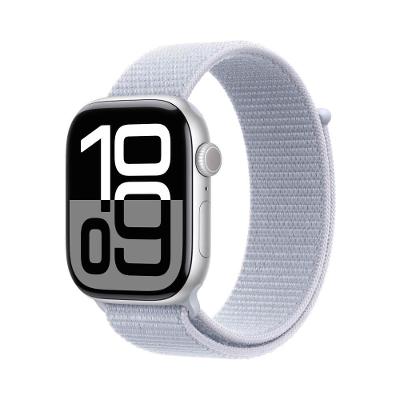 Apple Watch Series 10 GPS + Cellular • Caixa prateada de alumínio – 46 mm • Pulseira loop esportiva nuvem azul
