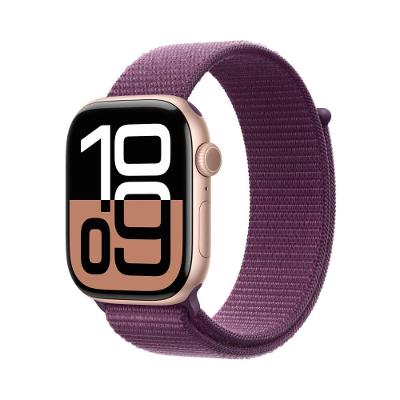 Apple Watch Series 10 GPS + Cellular • Caixa cor de ouro rosa de alumínio – 46 mm • Pulseira loop esportiva ameixa