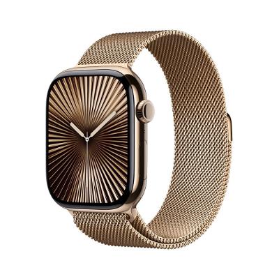Apple Watch Series 10 GPS + Cellular • Caixa dourada de titânio – 46 mm • Pulseira dourada estilo milanês M/G